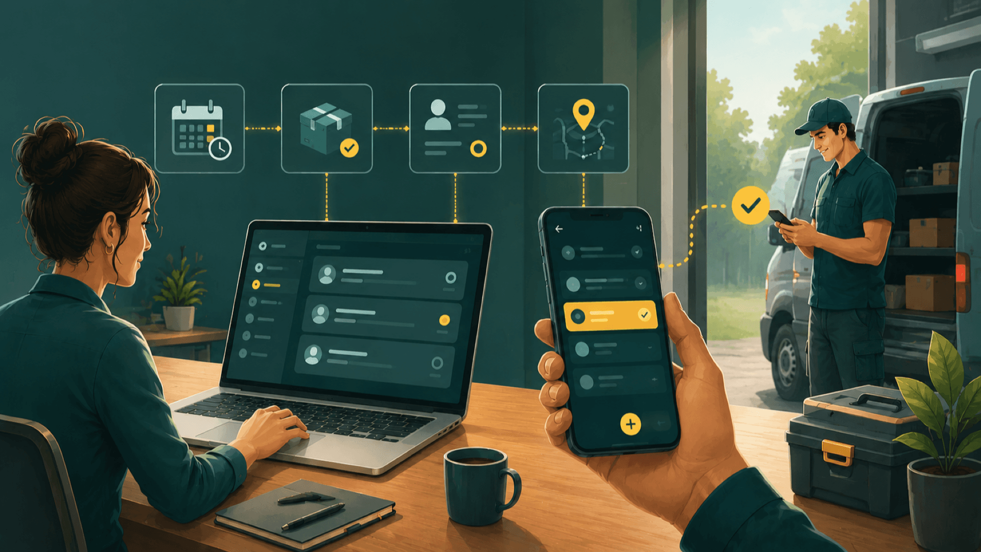 Büro und Feld verbunden: Aufträge und Termine synchron auf Laptop und Smartphone — maßgeschneiderte App für Büro und Außenarbeit.