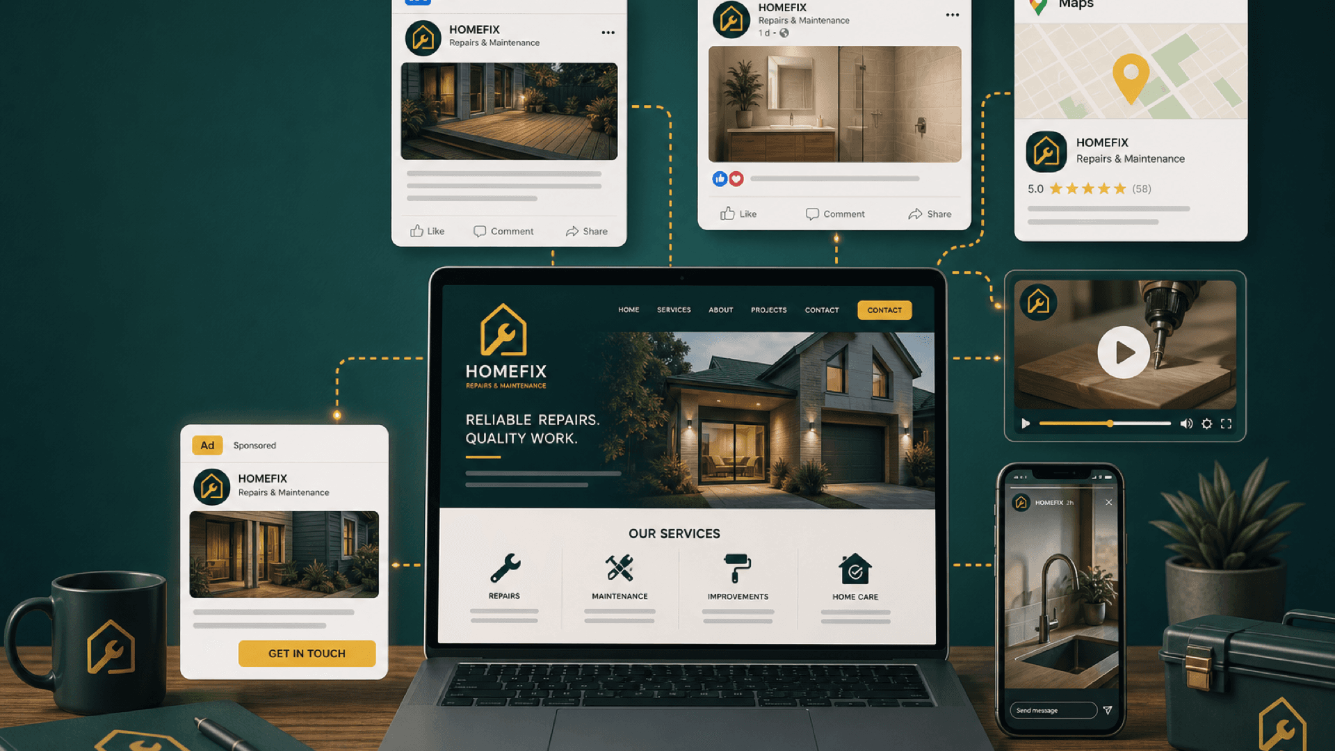 Online Marketing: Website, LinkedIn, Facebook, Google Maps, Video, Fotos und Anzeigen — ein Unternehmen auf mehreren Kanälen und Formaten.