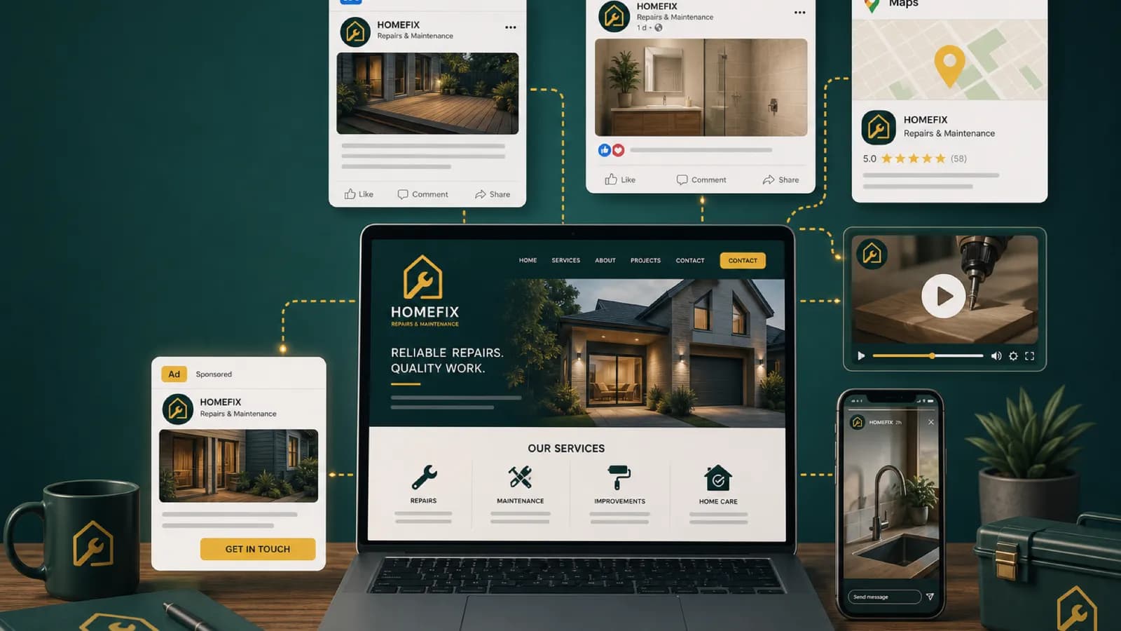 Online Marketing: Website, LinkedIn, Facebook, Google Maps, Video, Fotos und Anzeigen — ein Unternehmen auf mehreren Kanälen und Formaten.