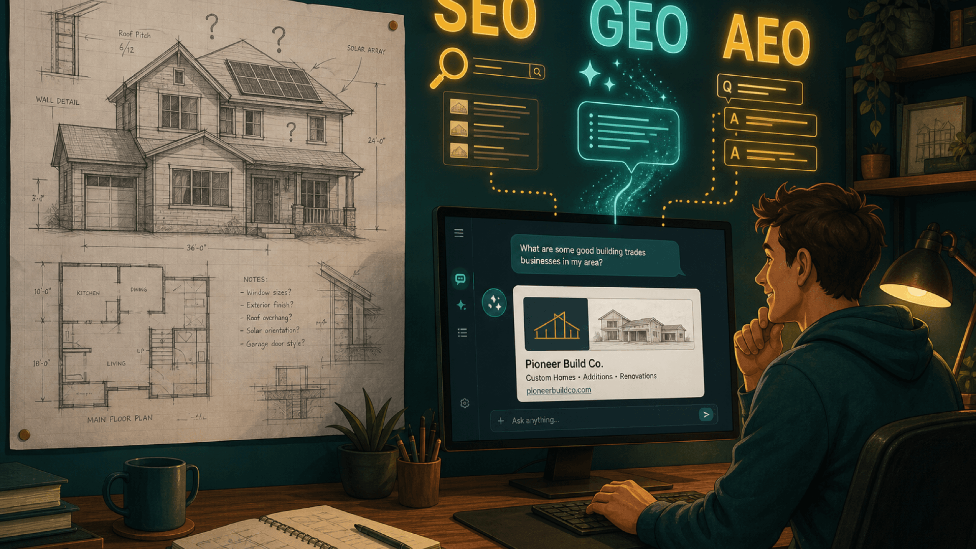 Hausbauplan links an der Wand mit Fragezeichen — Person findet per KI-Chat Handwerker; leuchtende Labels SEO, GEO und AEO (Generative Engine Optimization) im Hintergrund.